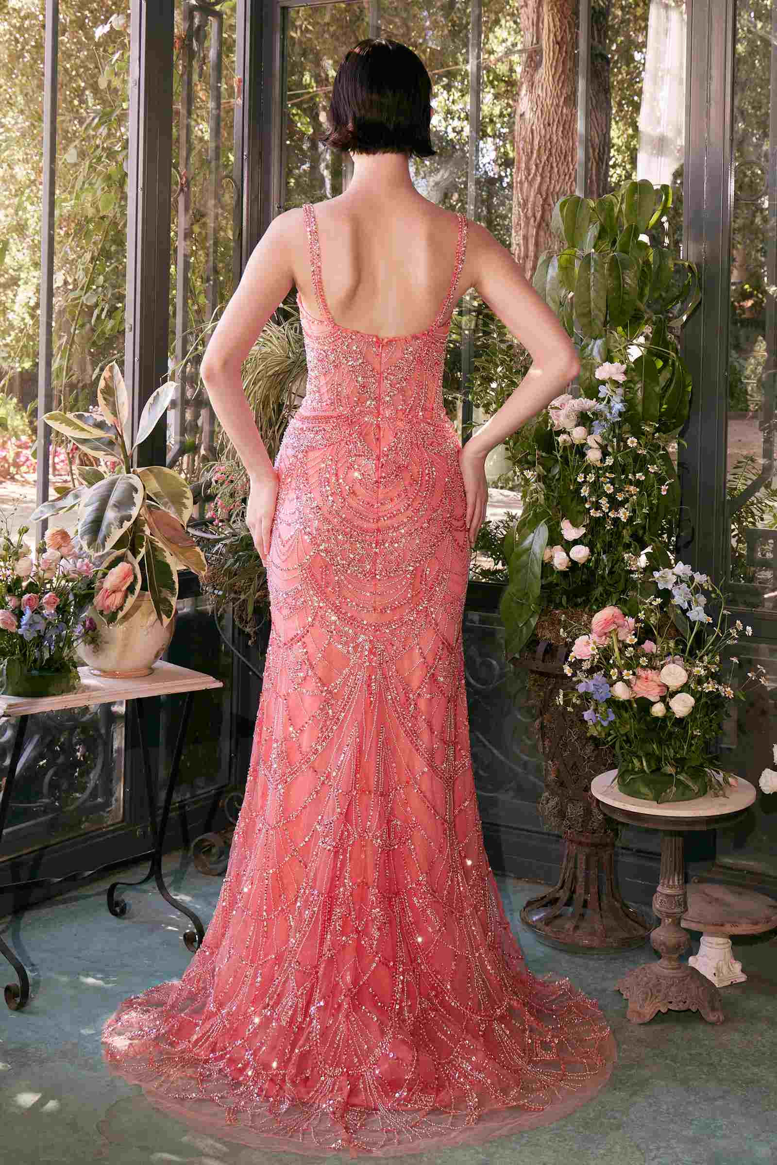 Fitted coral beaded evening gown from Andrea & Leo A1363 collection, showcasing elegant design and intricate beadwork.