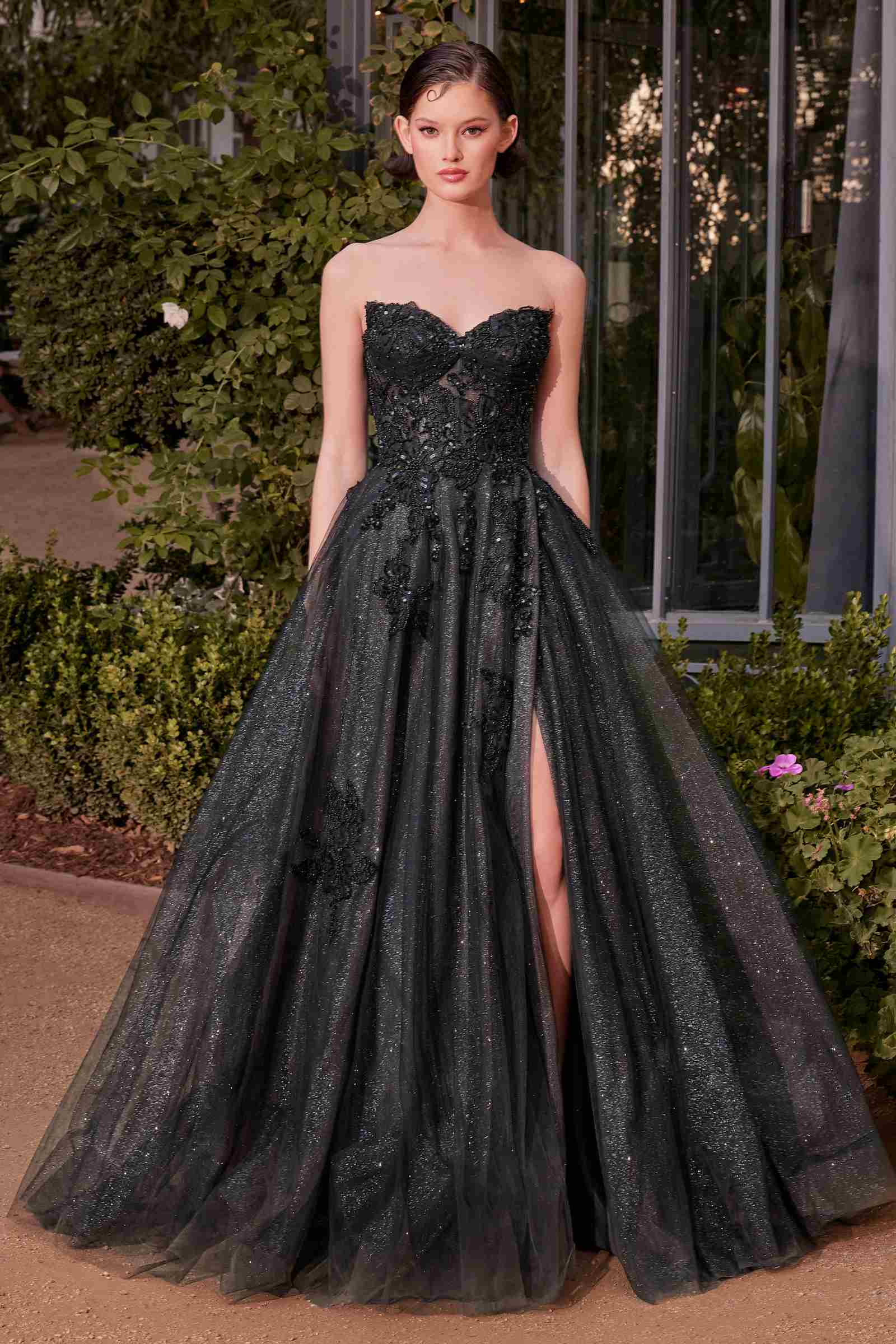 Black and nude strapless layered tulle ball gown by Andrea & Leo, elegant dress with a full skirt and romantic style.