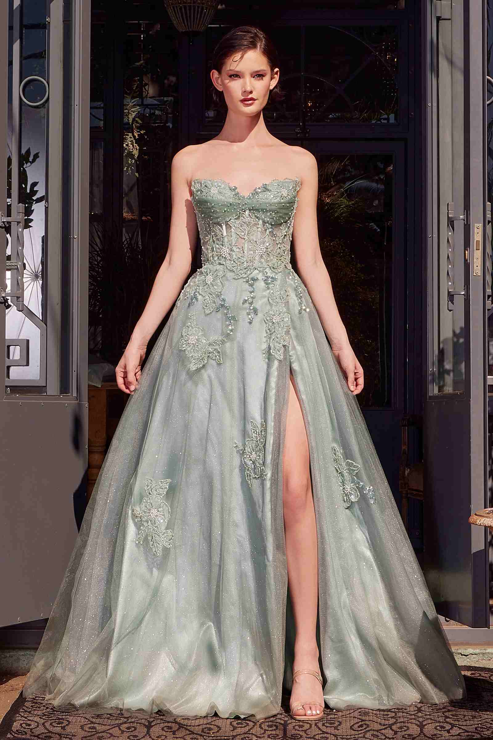 Strapless layered tulle ball gown by Andrea & Leo featuring a flowing silhouette and elegant design.