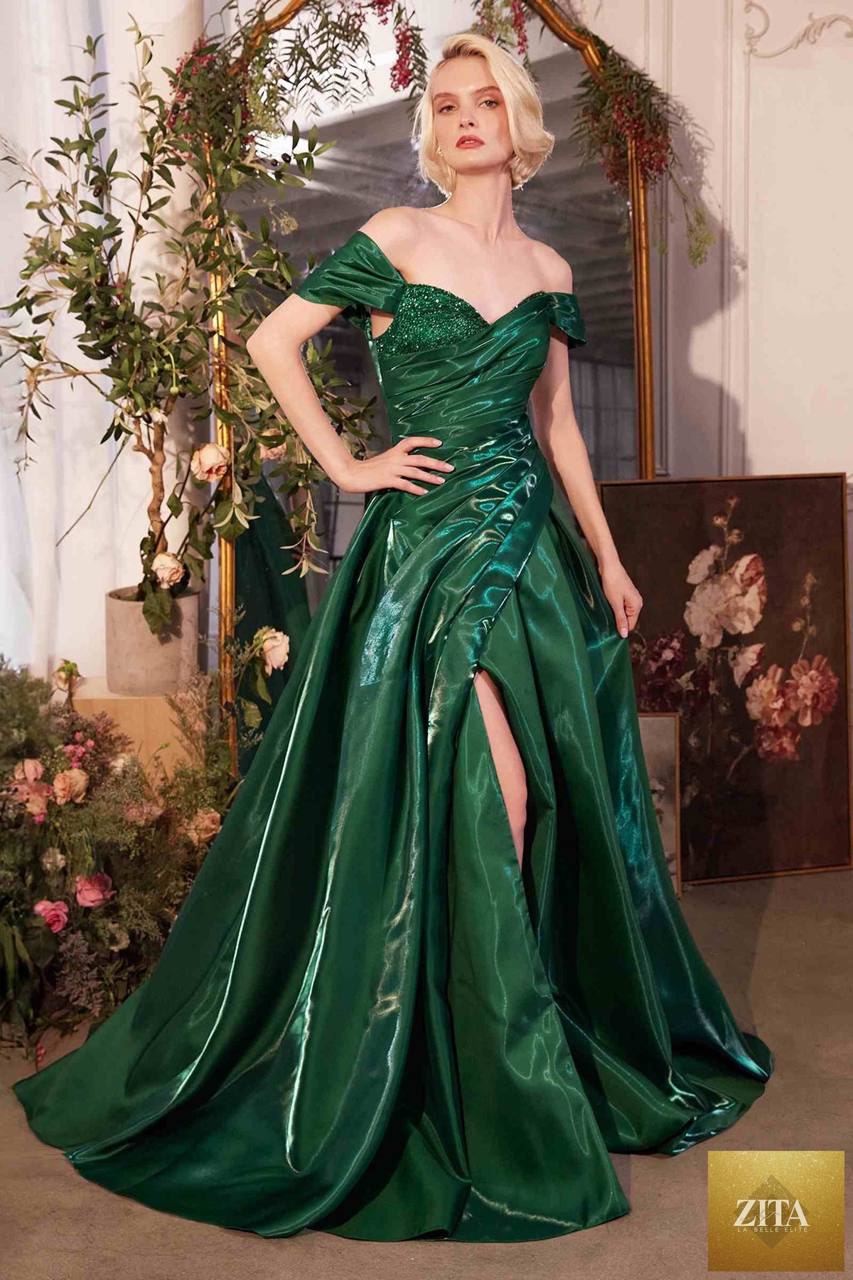 Off-the-shoulder emerald green organza ball gown dress by Andrea & Leo, featuring a flowing, elegant design.