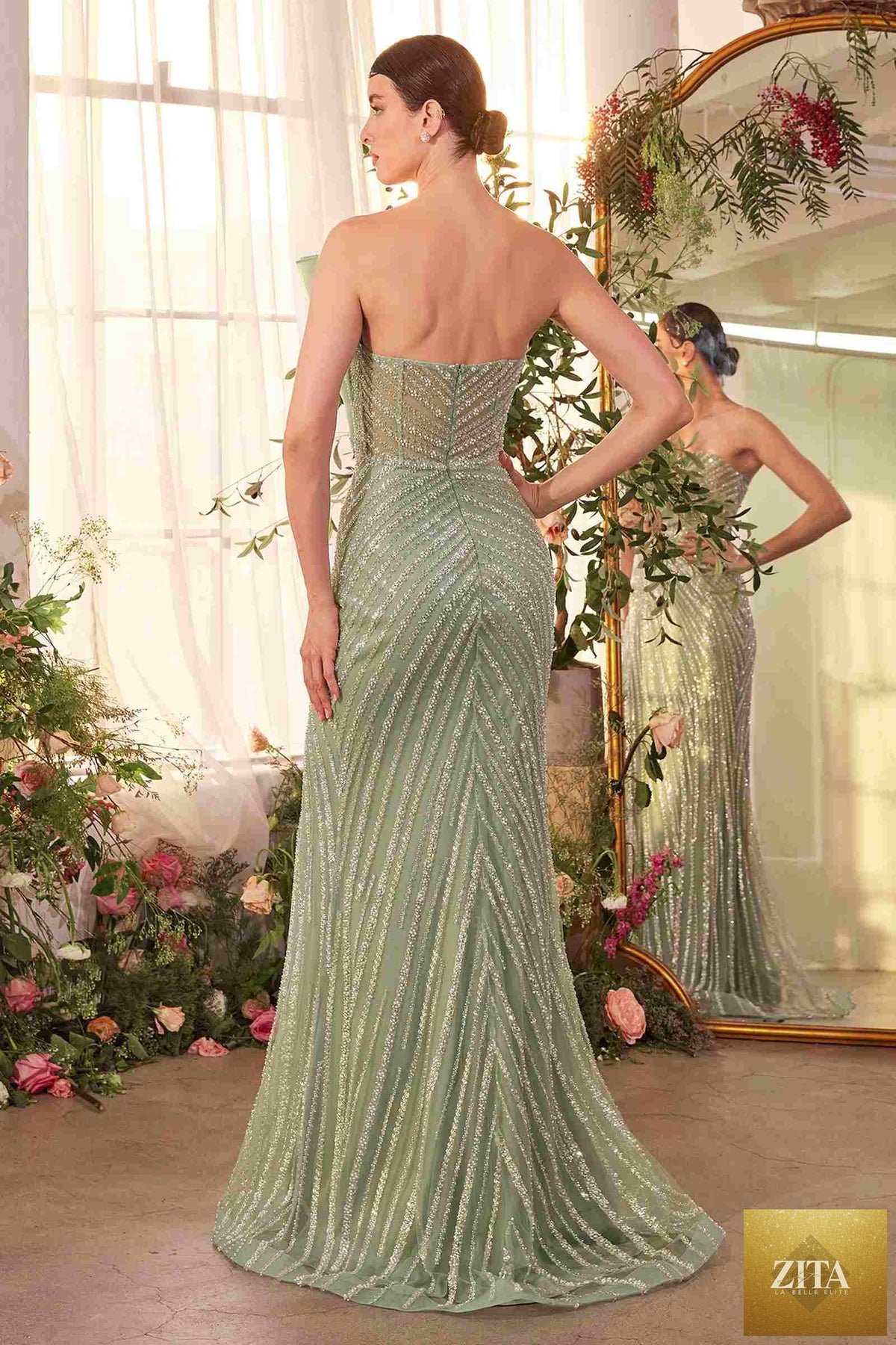 Andrea & Leo A1436 pleated fan bodice fitted pearl gown, elegant evening dress with intricate detailing and a sophisticated silhouette.