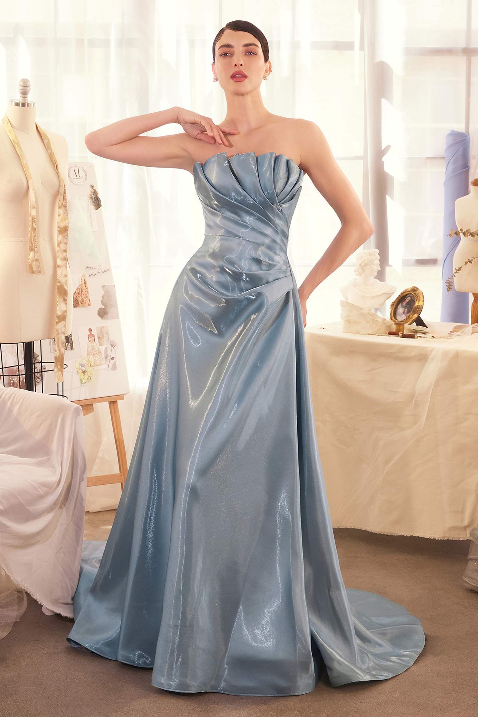 Andrea & Leo A1439 smoky blue pleated origami liquid taffeta gown, front view of elegant dress with structured design.