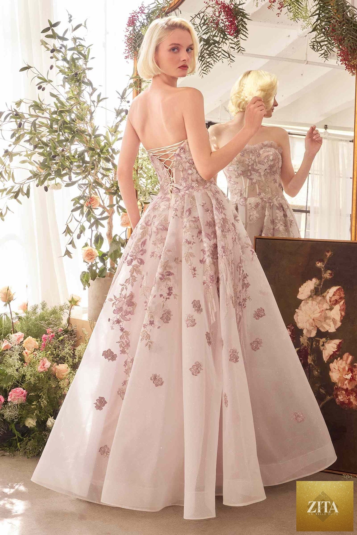 Mauve Andrea & Leo A1455 dress with romantic embroidery, A-line silhouette, corset-style bodice and flowing skirt, back view