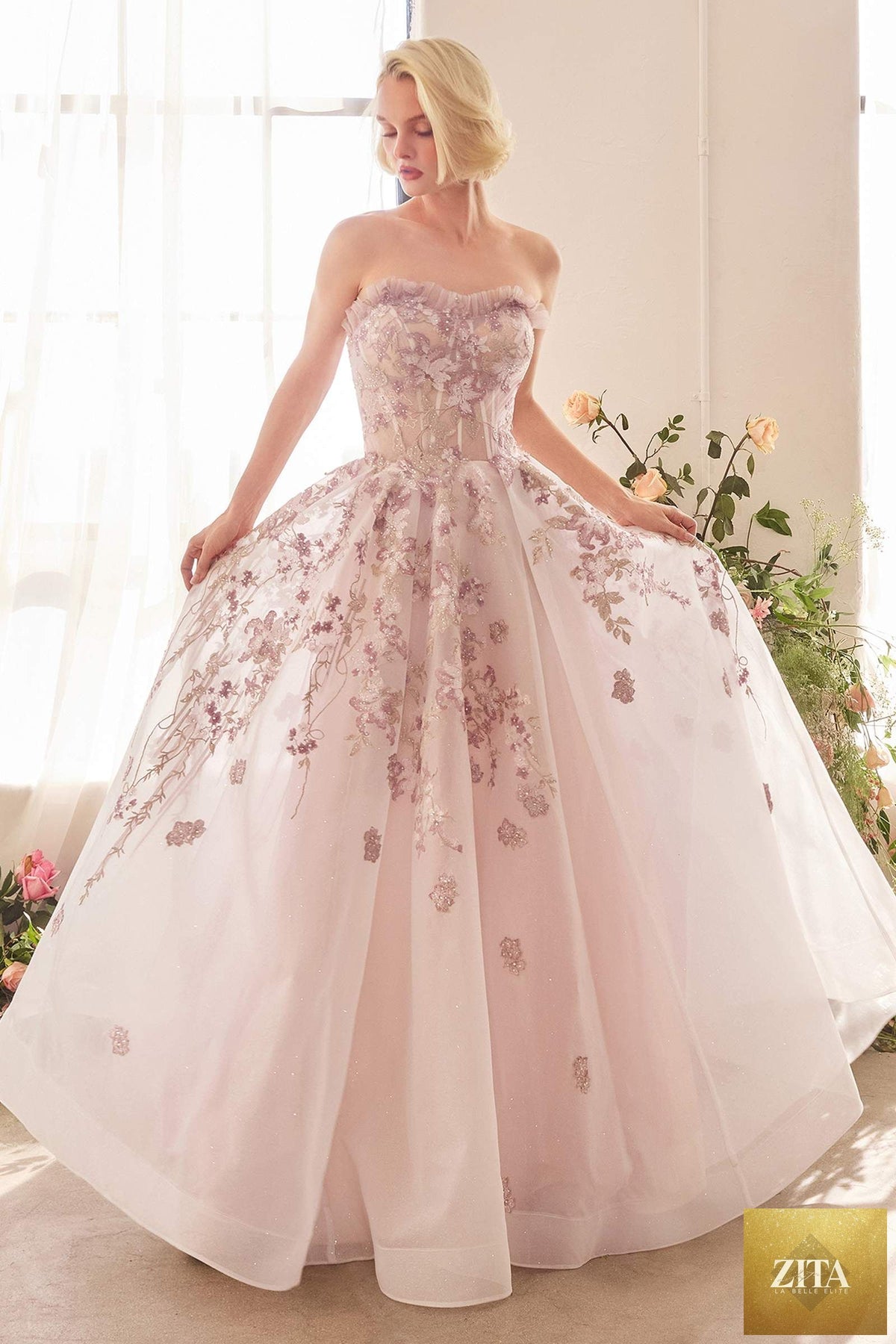 Mauve Andrea & Leo A1455 romantic embroidery A-line corset gown with elegant details, front view of this stylish dress.