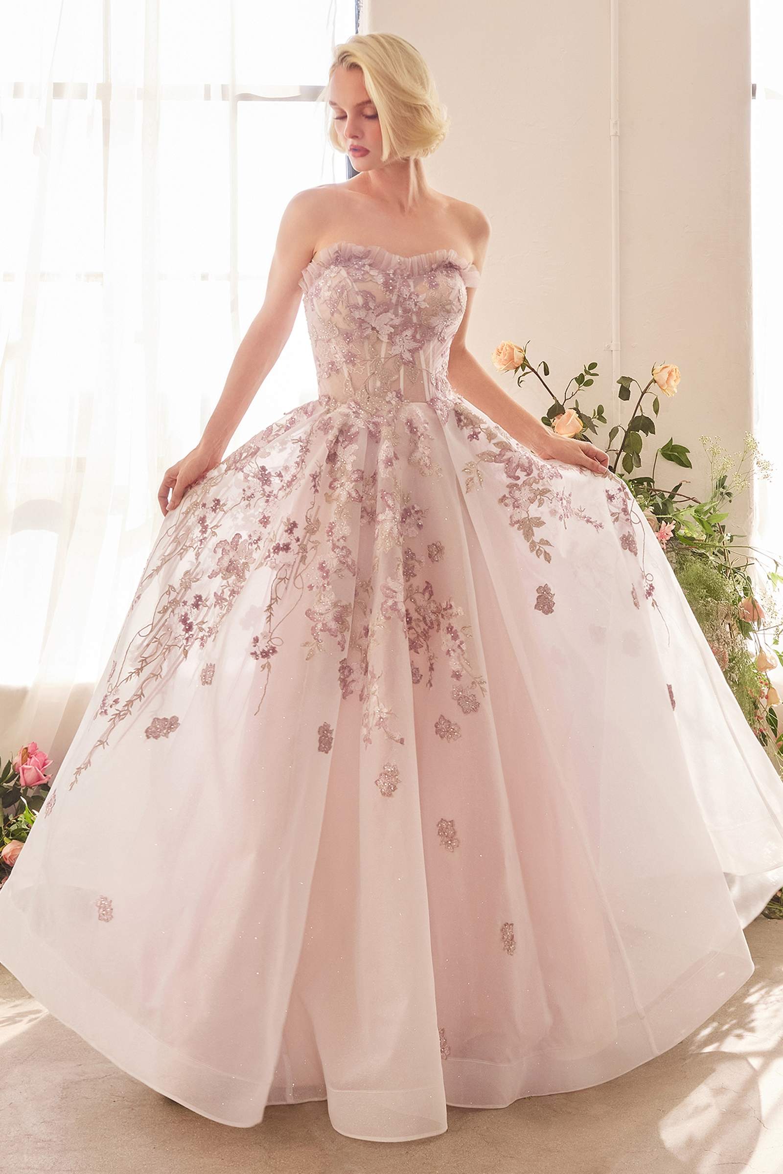 Mauve Andrea & Leo A1455 dress with romantic embroidery, A-line silhouette, corset bodice, and elegant design.