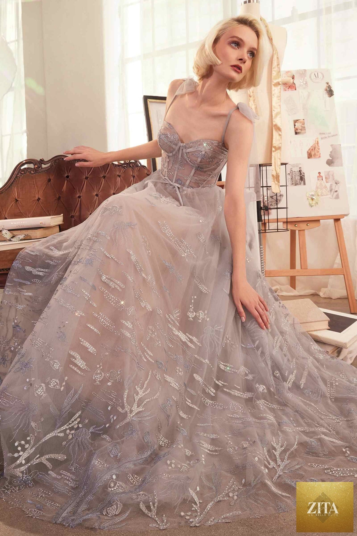 Silver Andrea & Leo A1458 dress with Under The Sea embroidery, A-line gown, elegant and flowing for special occasions.