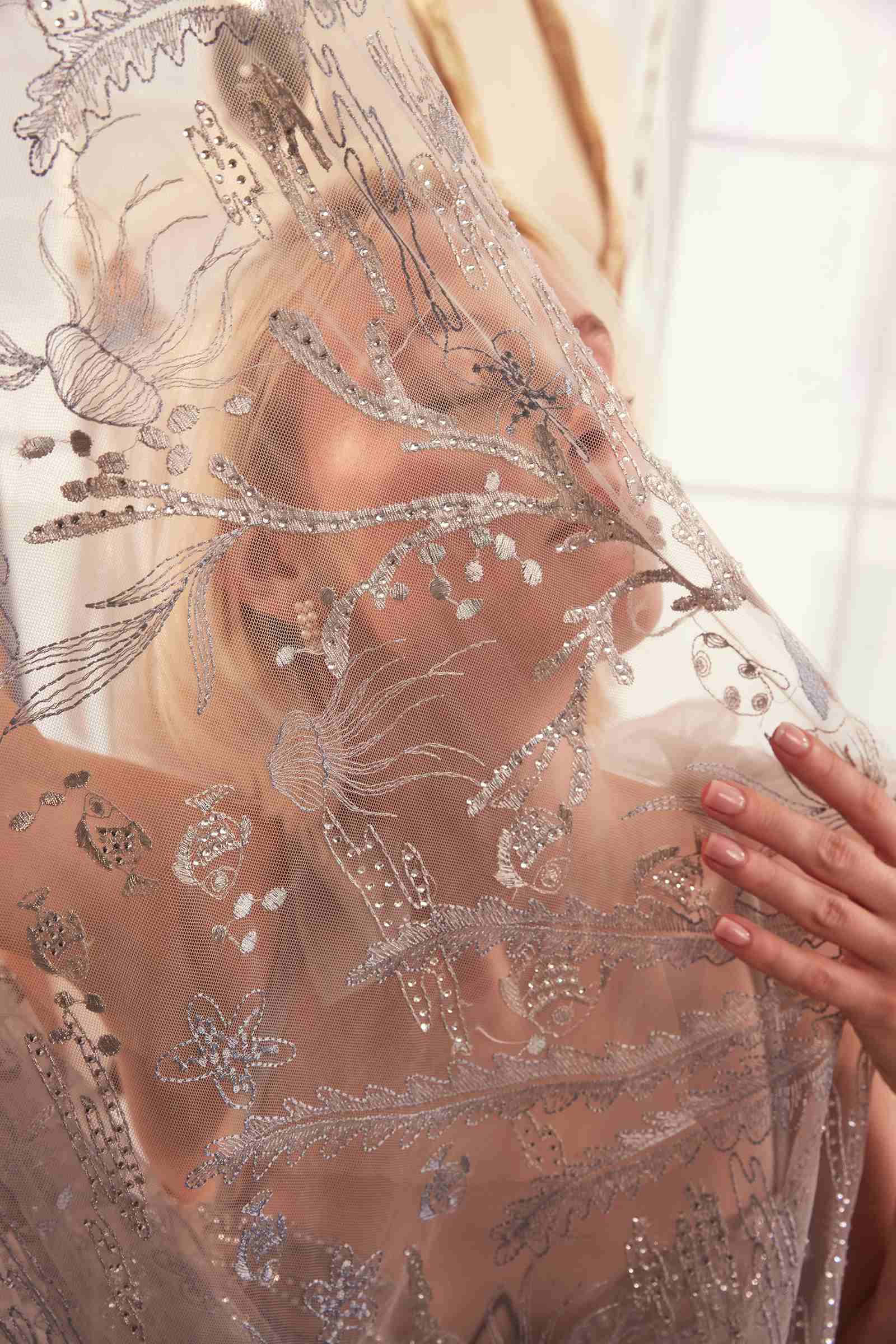 Silver Andrea & Leo A1458 dress with Under The Sea embroidery, A-line gown, elegant formal dress for special occasions.