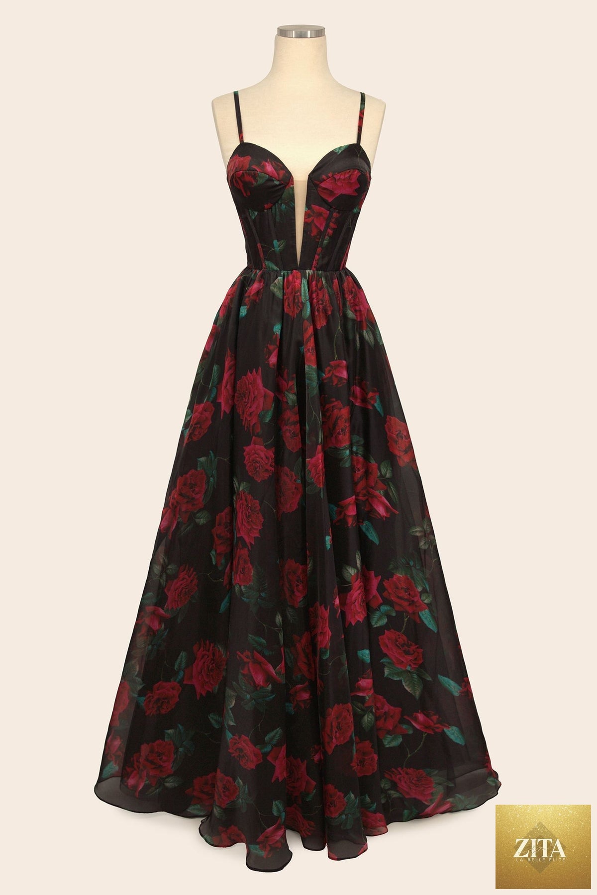 Andrea & Leo A1465 rose print organza gown, front view showing elegant dress with floral pattern and flowing fabric.