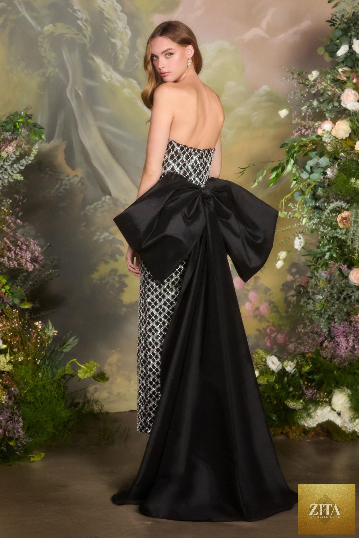 Back view of Andrea & Leo fitted black column gown with crystal lattice beadwork, showcasing elegant dress design.