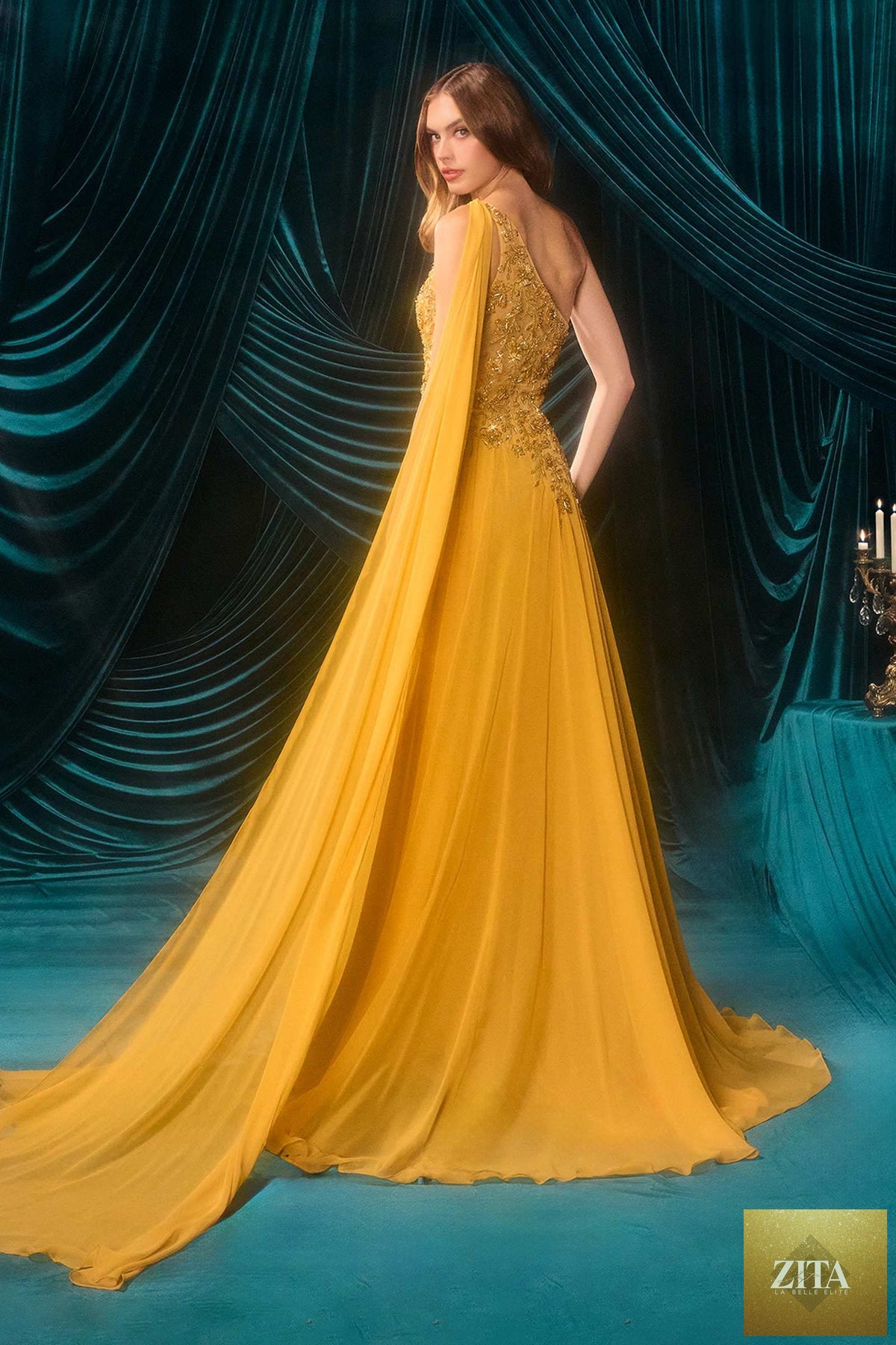 Marigold Andrea & Leo A1495 one-shoulder chiffon A-line formal dress with back detail, perfect for elegant occasions.