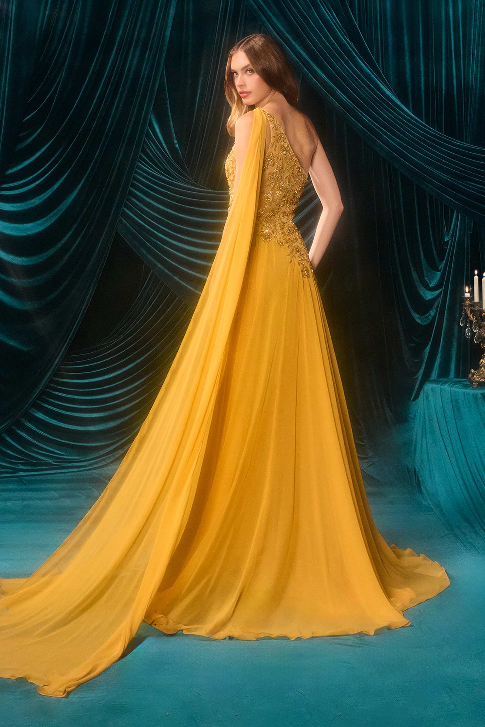 Marigold Andrea & Leo A1495 one-shoulder chiffon A-line formal dress, back view showcasing elegant design and flowing fabric.