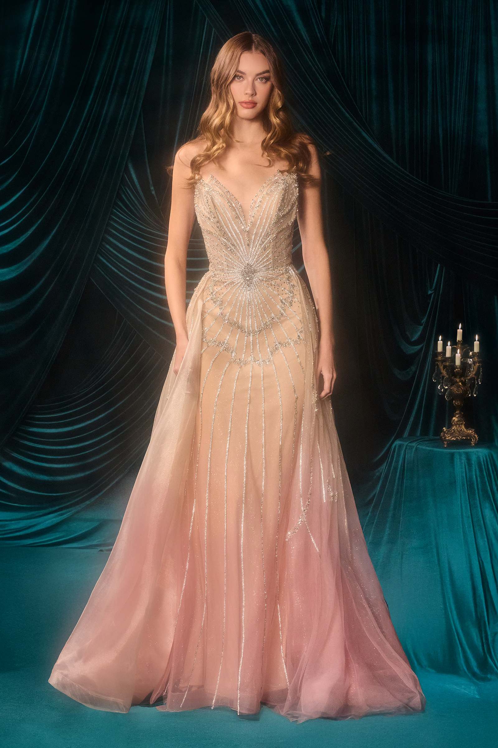 Elegant champagne-blush Andrea & Leo A1508 fitted layered overskirt formal gown with ombre pattern, front view.