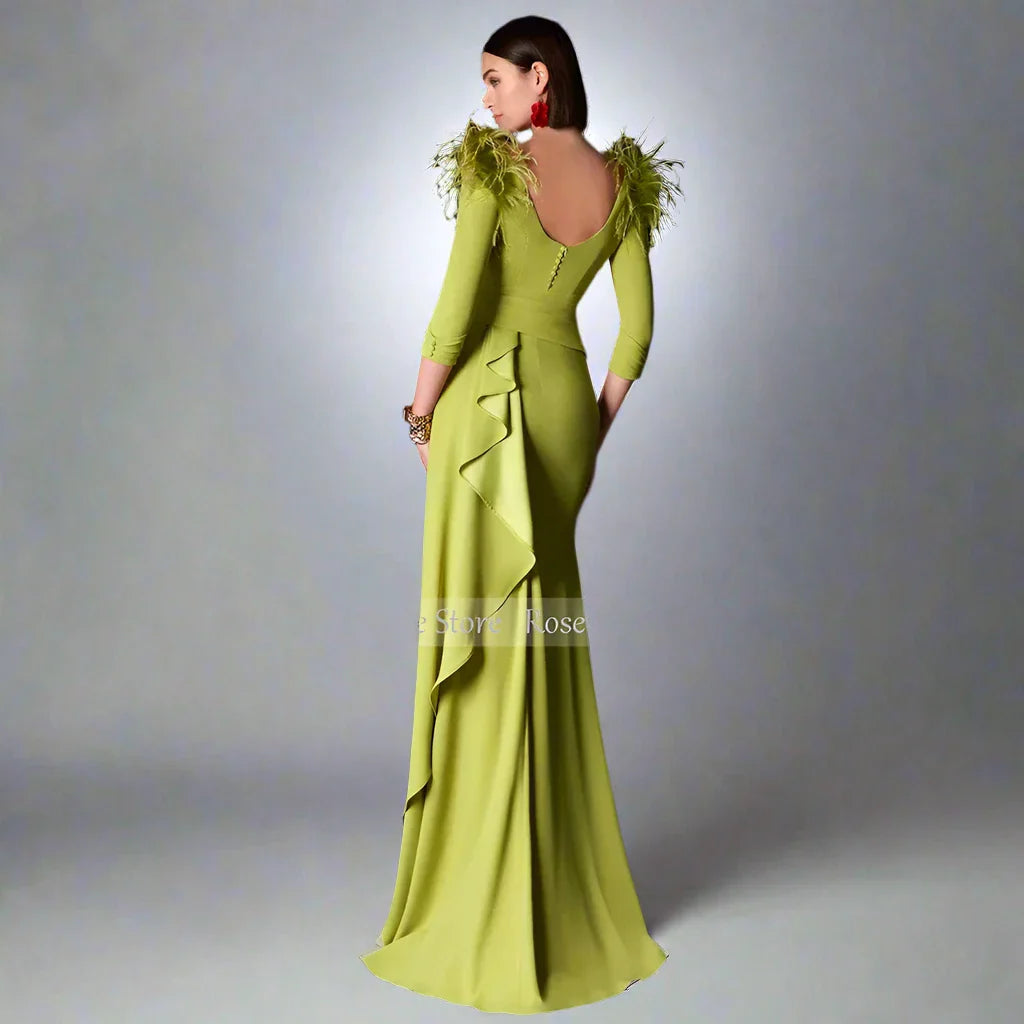Women Classic Satin Feather Ruffles Button Formal Evening Long Dresses