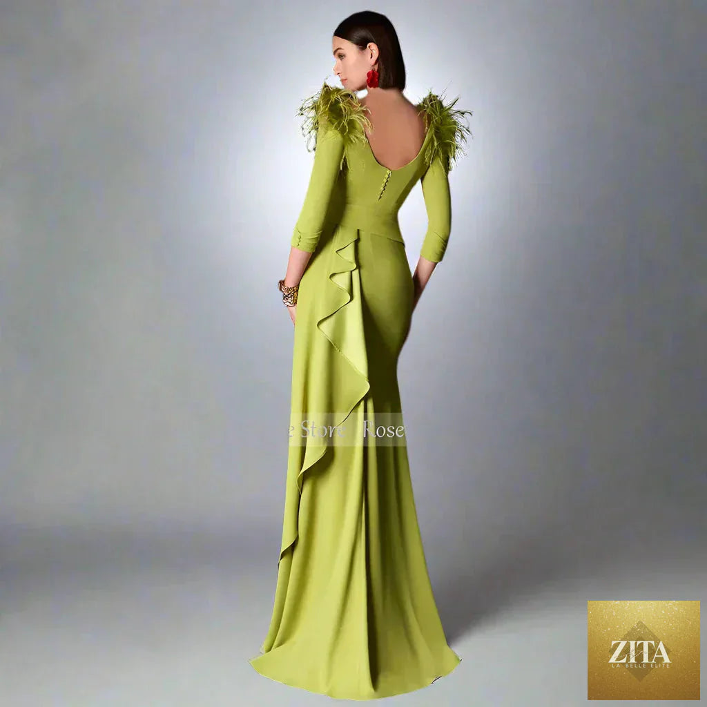 Women’s satin evening dress with feather ruffles, button details, and a formal long silhouette by SMinvite, LLC.