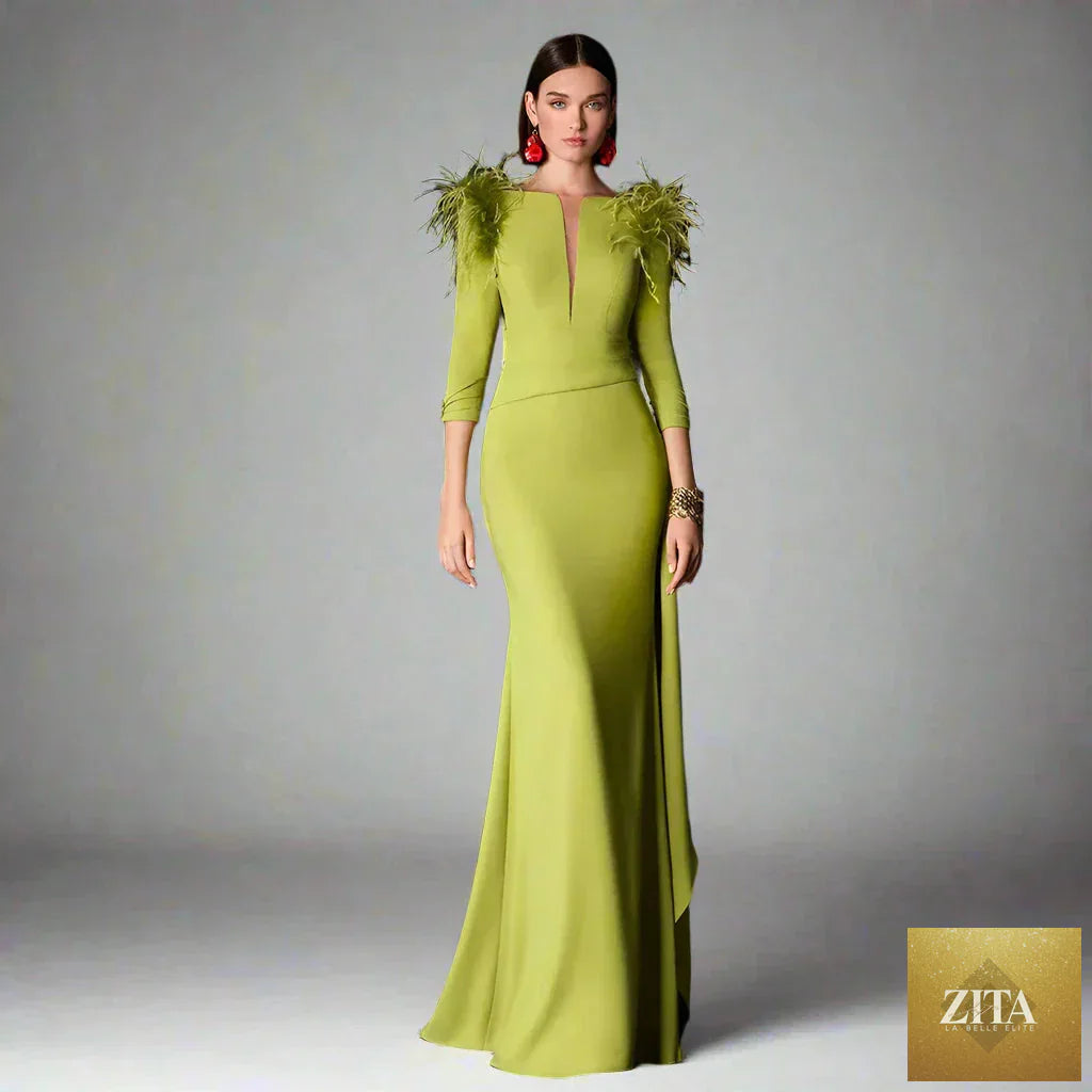 Women’s satin evening dress with feather ruffles and button details, long formal gown by SMinvite for elegant occasions.