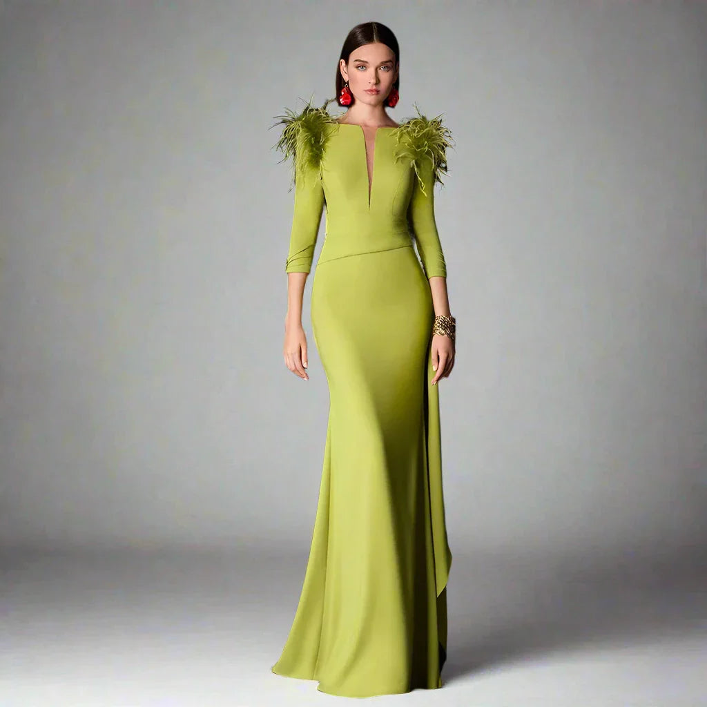 Women Classic Satin Feather Ruffles Button Formal Evening Long Dresses
