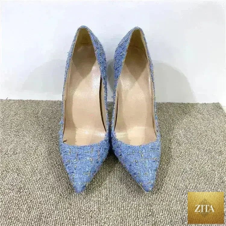 Femstylo woven high heels with 12cm pointed toe stiletto pumps, stylish all-match women's footwear.