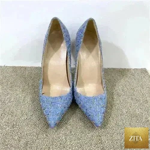 Femstylo woven high heels with 12cm stiletto, pointed toe, all-match women's footwear shown in the image.