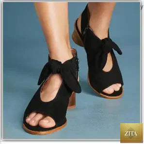 Frosted fish mouth bow high heels from Trendy Attic Store01, stylish women sandals with thick heels and decorative bow detail.