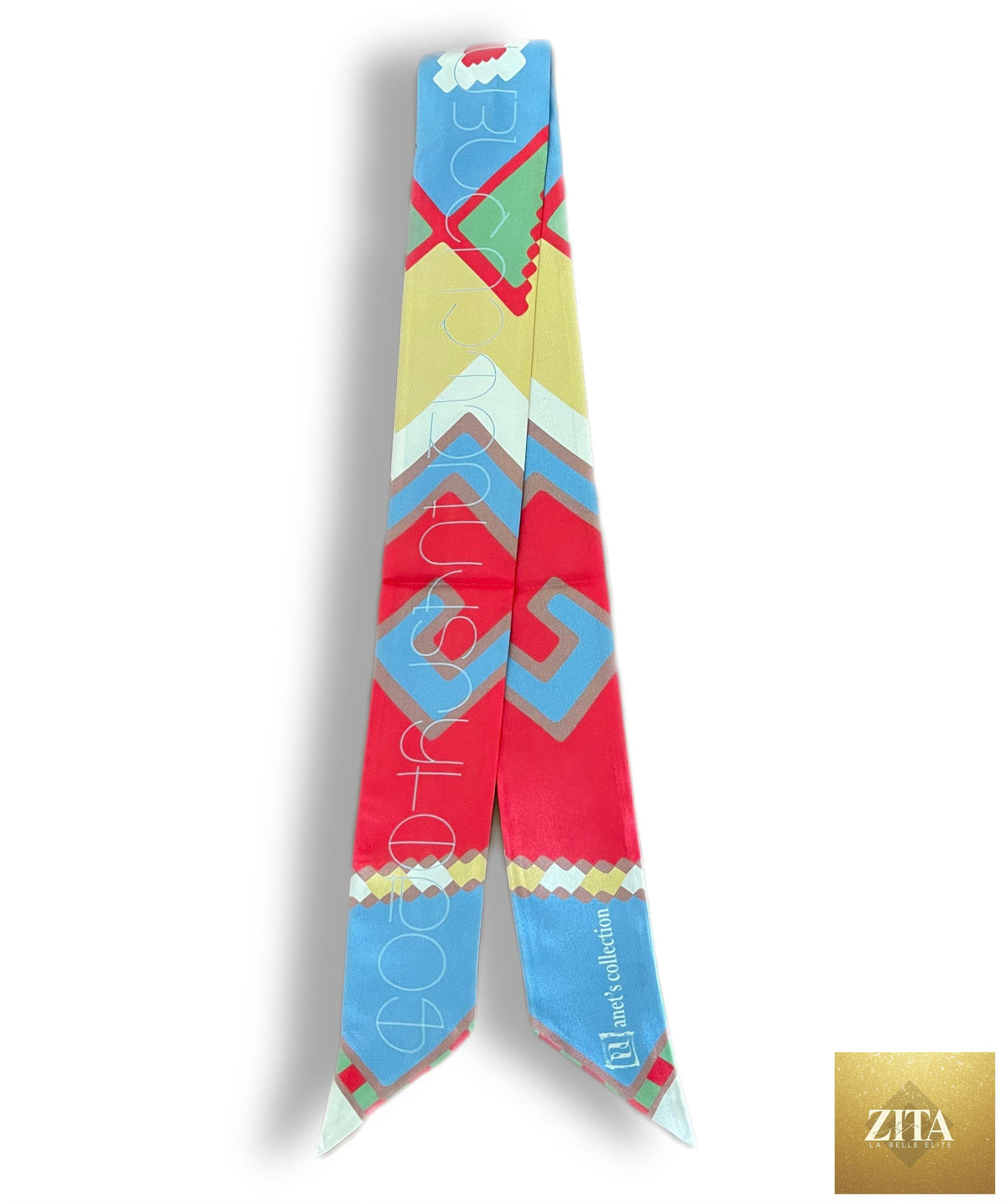 Armenian alphabet and rug design scarf featuring colorful patterns, styled as a neck bow, by Anet's Collection LLC.