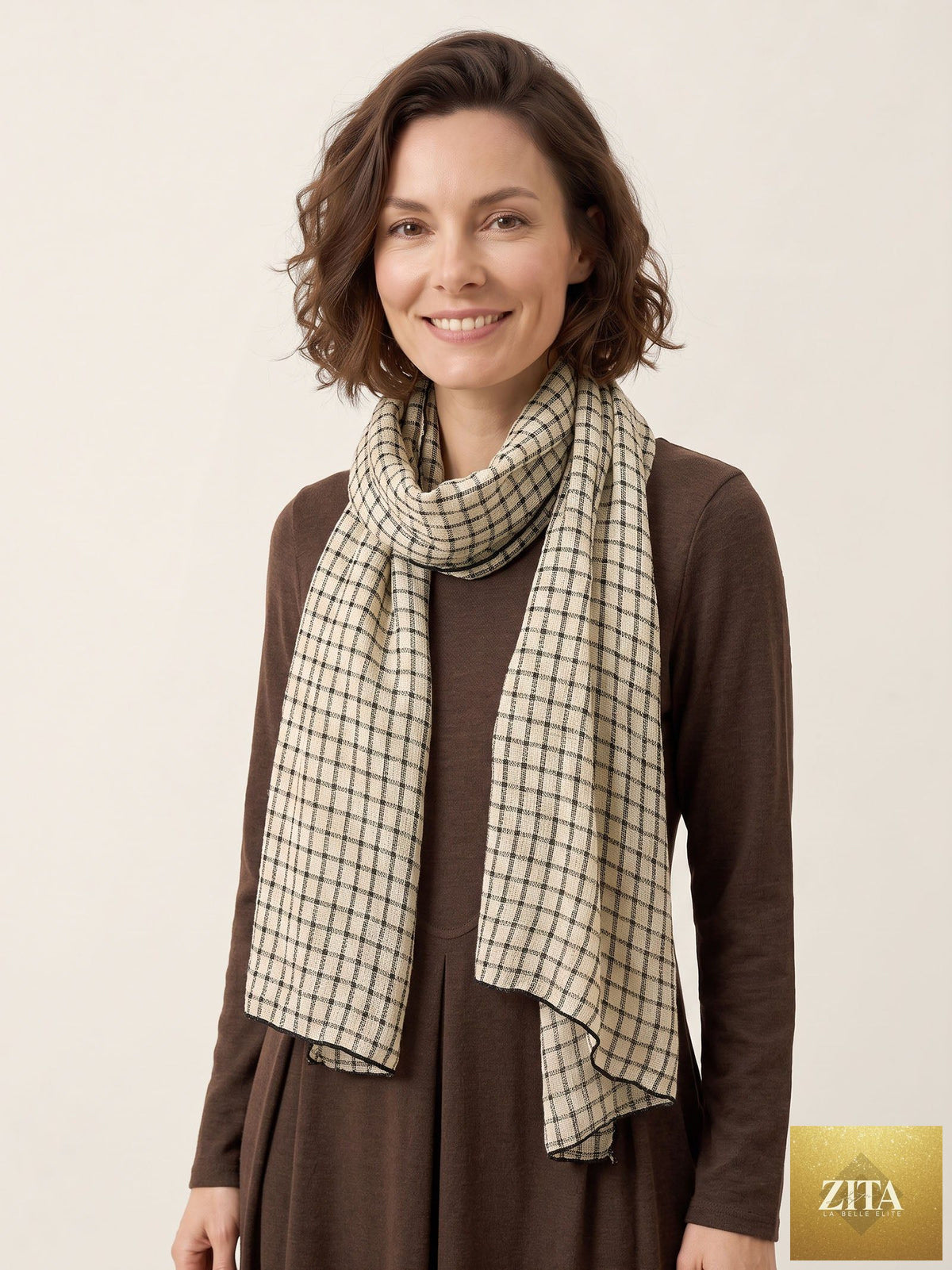 Linen Windowpane Check Scarf
