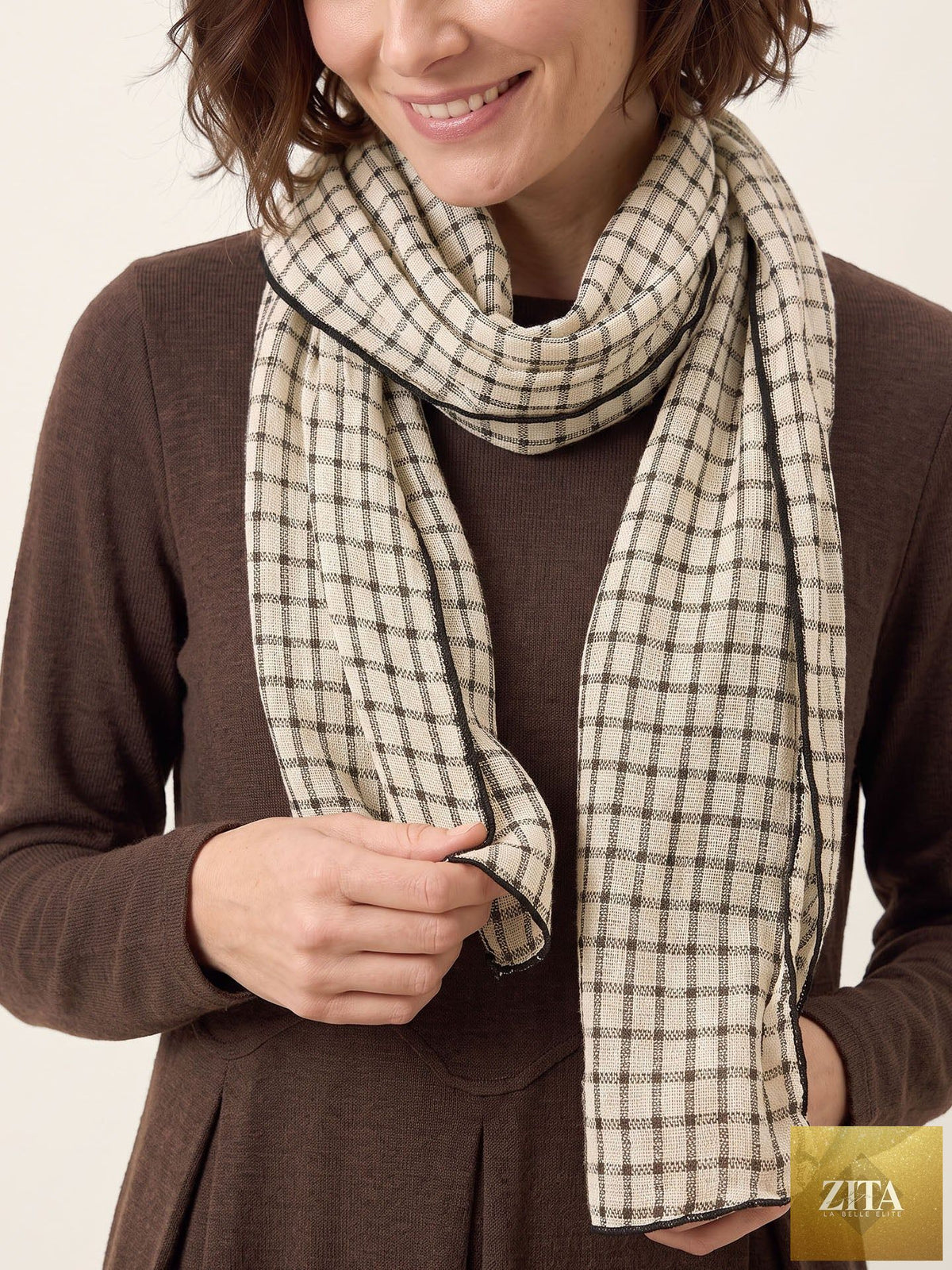 Linen Windowpane Check Scarf