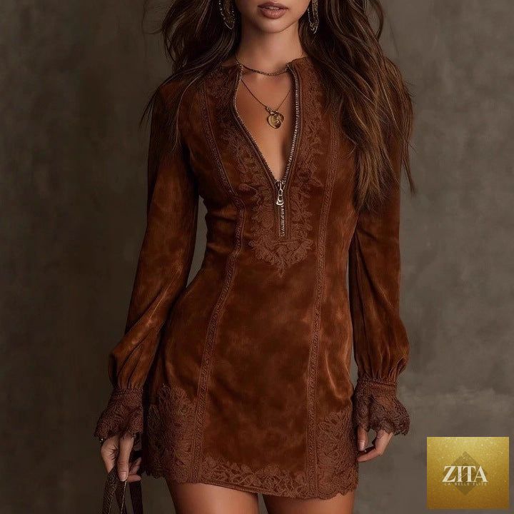 Women's fitted boho mini dress with lace trim, zip-front long sleeves, bodycon style by FitiqueFit.