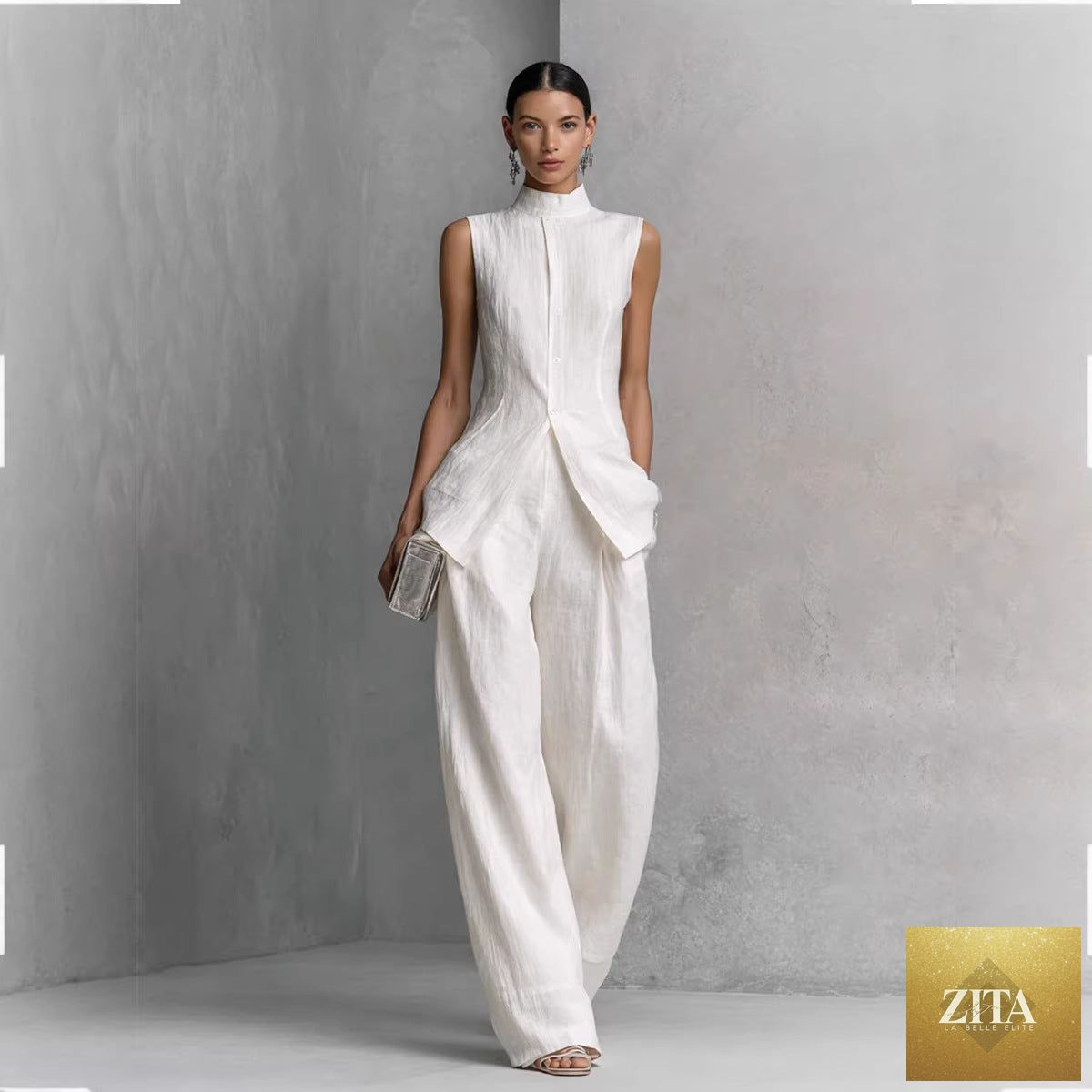 Women's sleeveless casual top and long pants two-piece set by FitiqueFit, available in four solid colors, size XS to XXL.