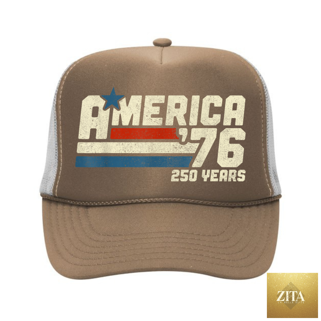 Carry Girl Gear America '76 Trucker hat in khaki, limited edition celebrating 250 years, with classic trucker style and adjustable fit.