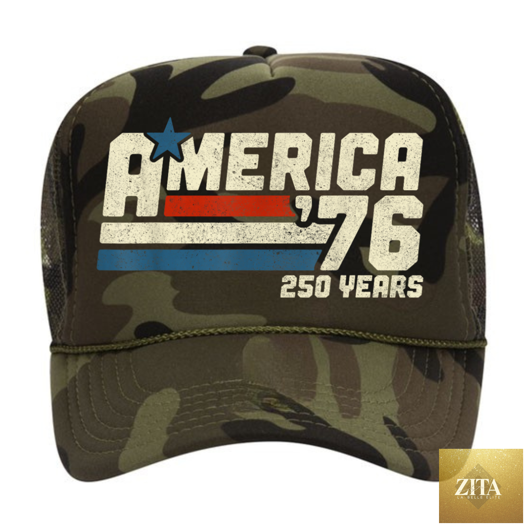 Carry Girl Gear America '76 Trucker hat with camouflage design, celebrating 250 years, in limited edition.