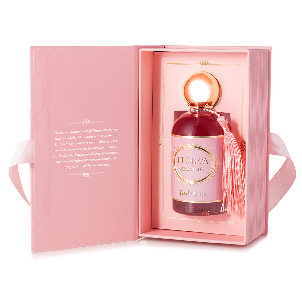 Spongellé Jude Rose Eau de Parfum body fragrance bottle with floral rose design and elegant packaging.