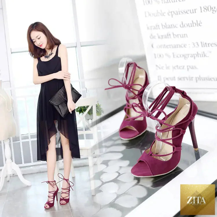 Trendy Attic Store01 women's Roman high heel peep toe sandals with ankle straps and nude finish, stylish for summer occasions.