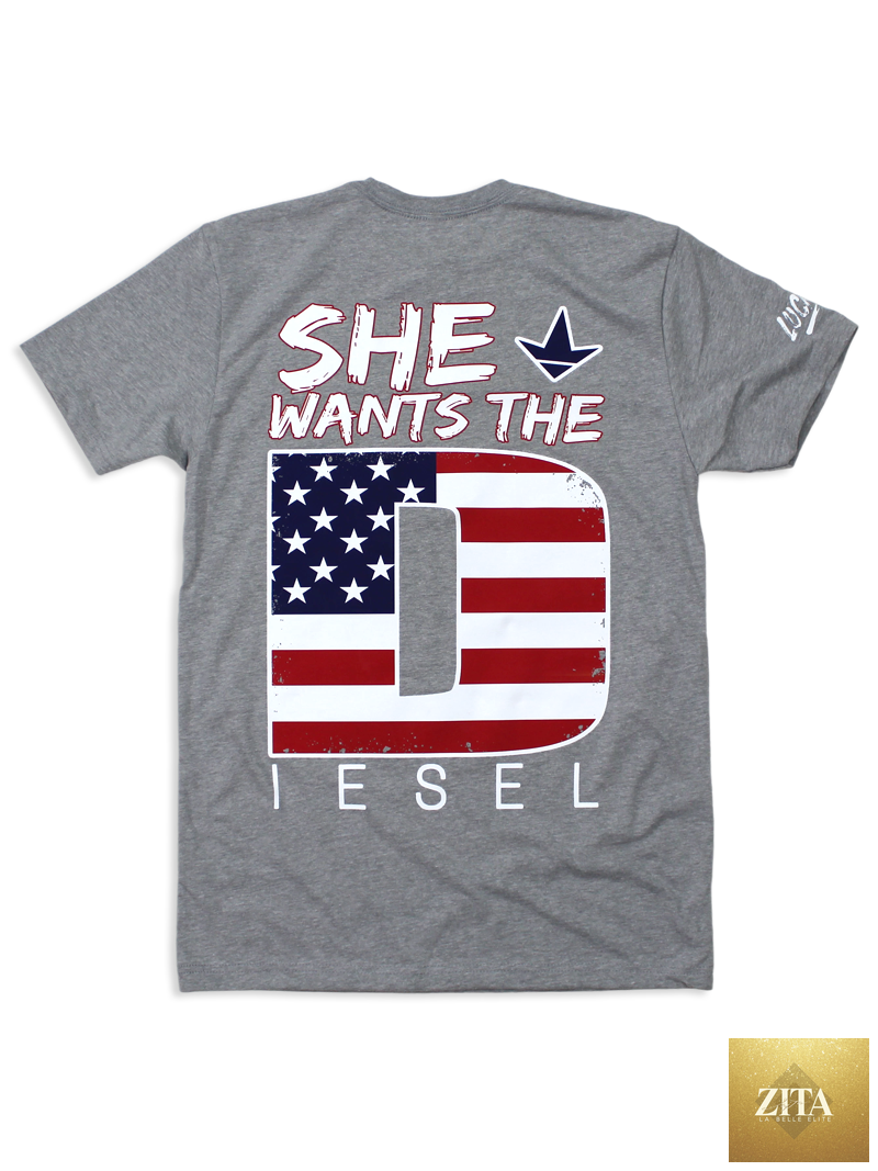 Back view of Luckless Outfitters She Wants the Diesel Americana Tee featuring patriotic graphic design on a casual cotton t-shirt.