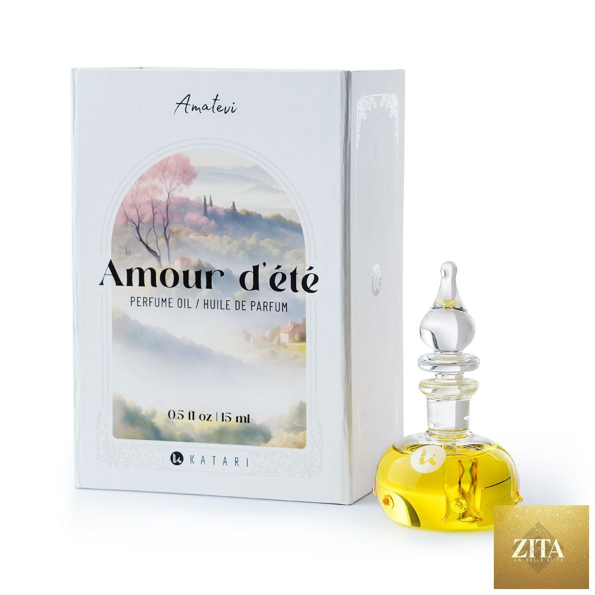 Katari Beauty Amour d’été Oil Perfume bottle with elegant packaging, showcasing a luxurious summer fragrance.