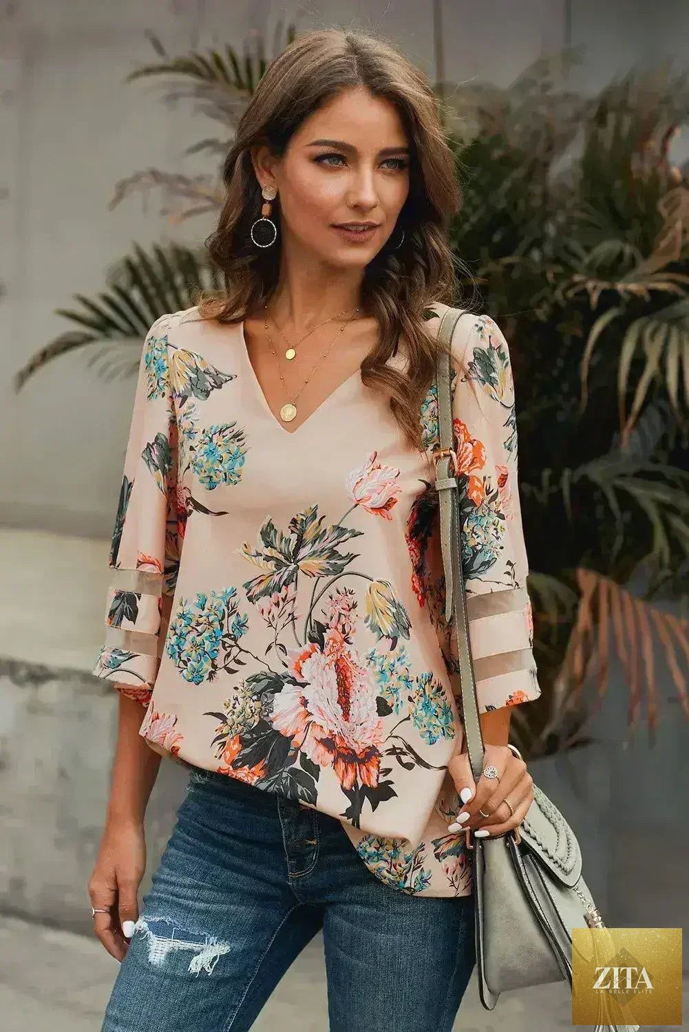 Apricot floral chiffon blouse with 3/4 flared sleeves, stylish and breathable top from Femstylo.