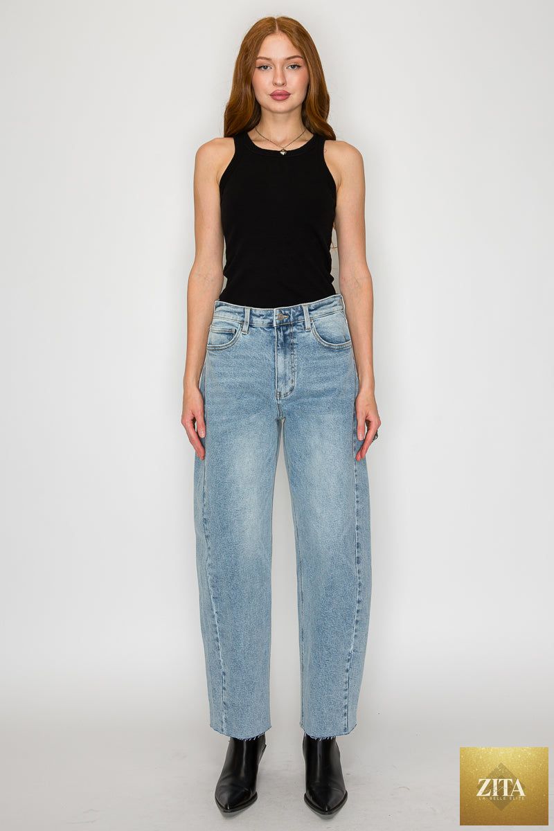 Blue Harlow high waisted barrel jeans by Artemis Vintage, showing the relaxed fit and classic denim texture.