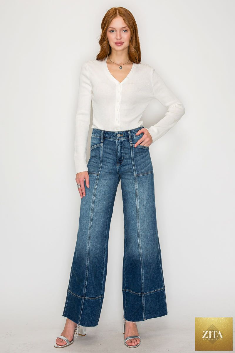 Dark wash Aurora Tummy Control Eco-Friendly Fabric Slim Palazzo Jeans by Artemis Vintage, featuring a high-waist and wide-leg fit.