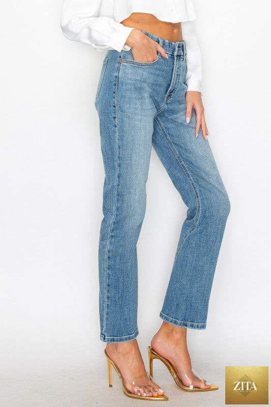 Plus tummy control high-rise straight jeans by Artemis Vintage, showing fit and classic denim style on a model.