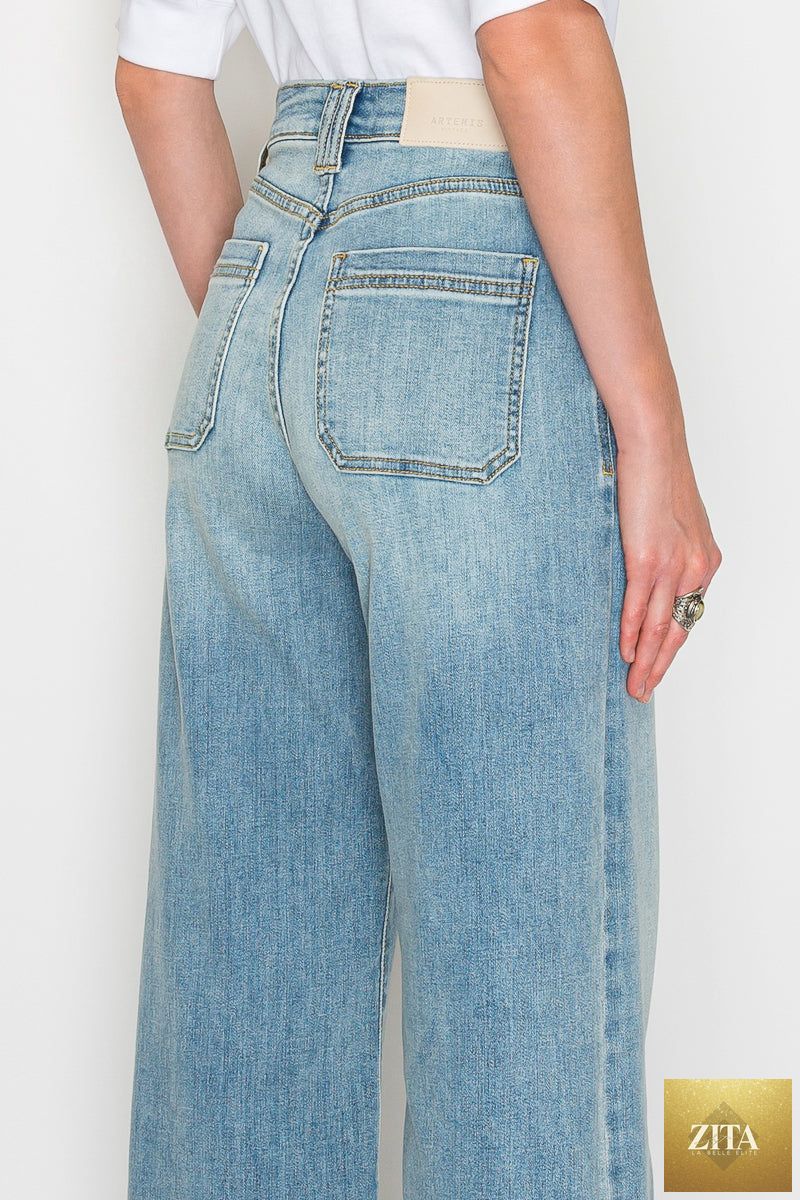 Artemis Vintage high rise jeans with tummy control and wide-leg fit, showcasing classic denim with a flattering silhouette.