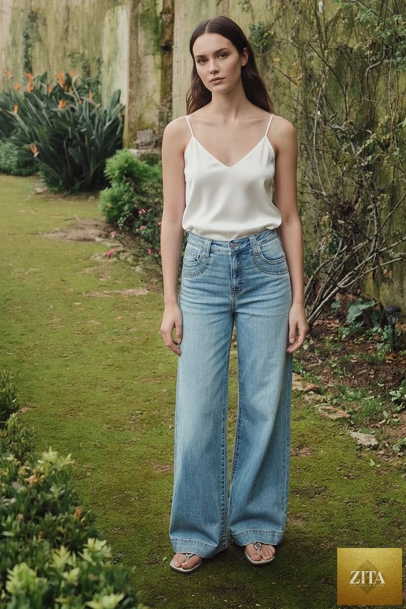 Artemis Vintage high-rise A-wide leg fit jeans with tummy control and a classic denim look, showcasing the full-length style.