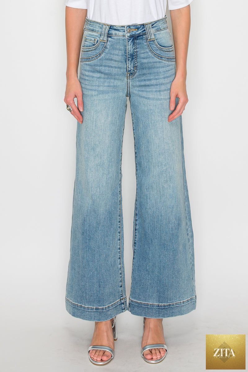 Artemis Vintage high-rise jeans with tummy control and wide-leg fit, showcasing dark denim fabric and classic five-pocket design.
