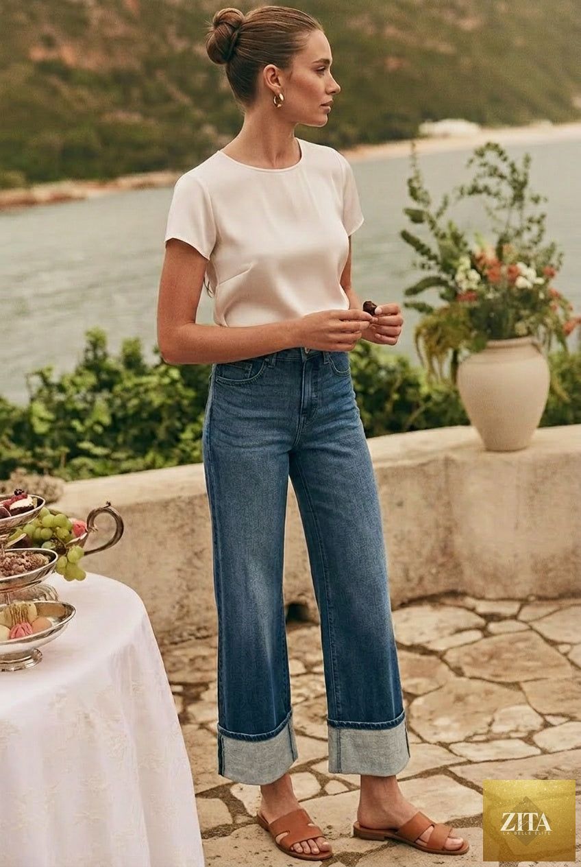 High-rise Artemis Vintage jeans with tummy control and A-wide fit, shown on a model highlighting the slimming waistband and stylish cut.