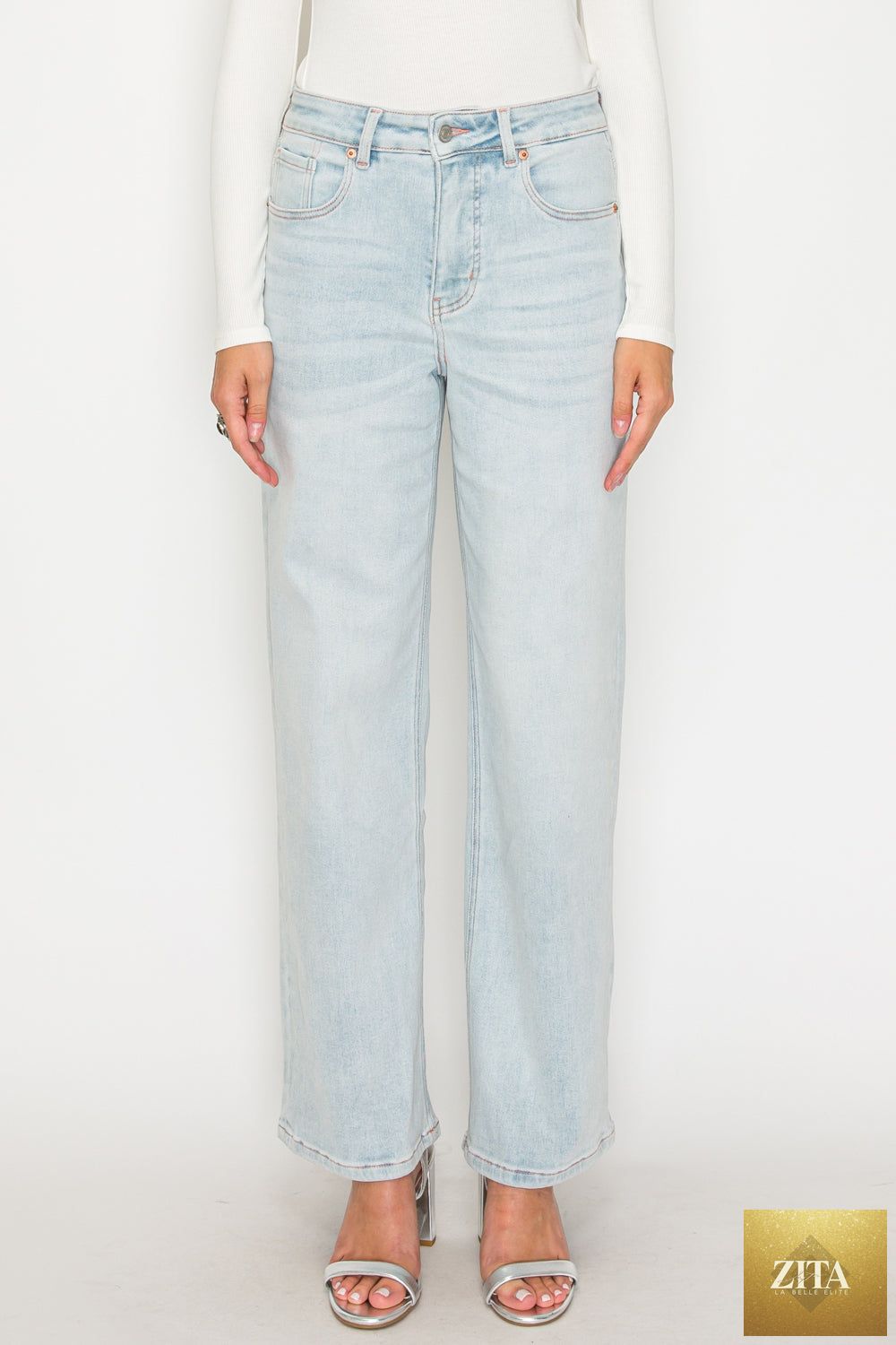Pink high-rise jeans with tummy control and straight fit, made from modal fabric by Artemis Vintage.