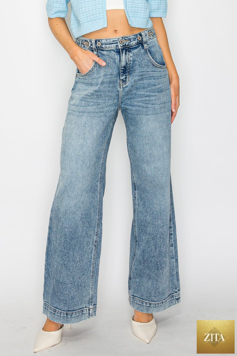 High rise baggy wide jeans with adjustable waistband from Artemis Vintage, featuring relaxed fit and classic denim wash.