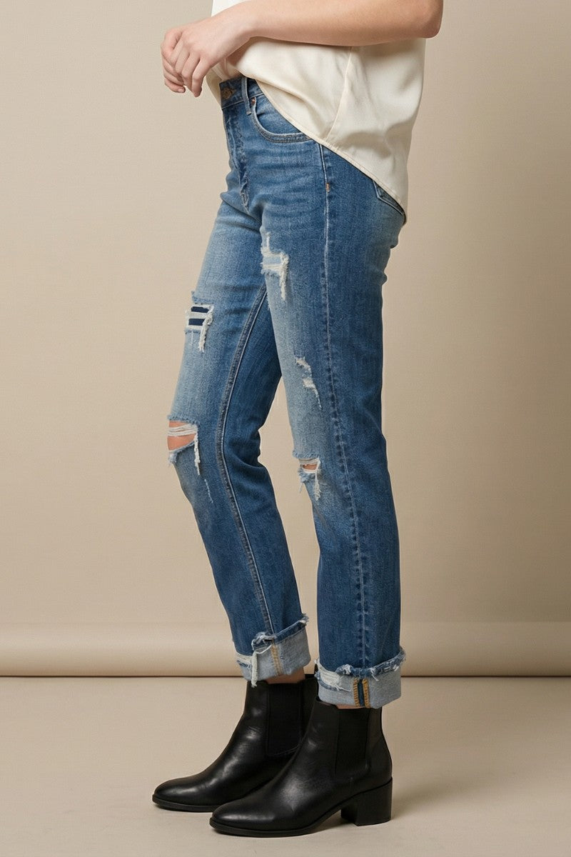 Mesh Tummy Control High Rise Straight w/ Single Cuff Jeans