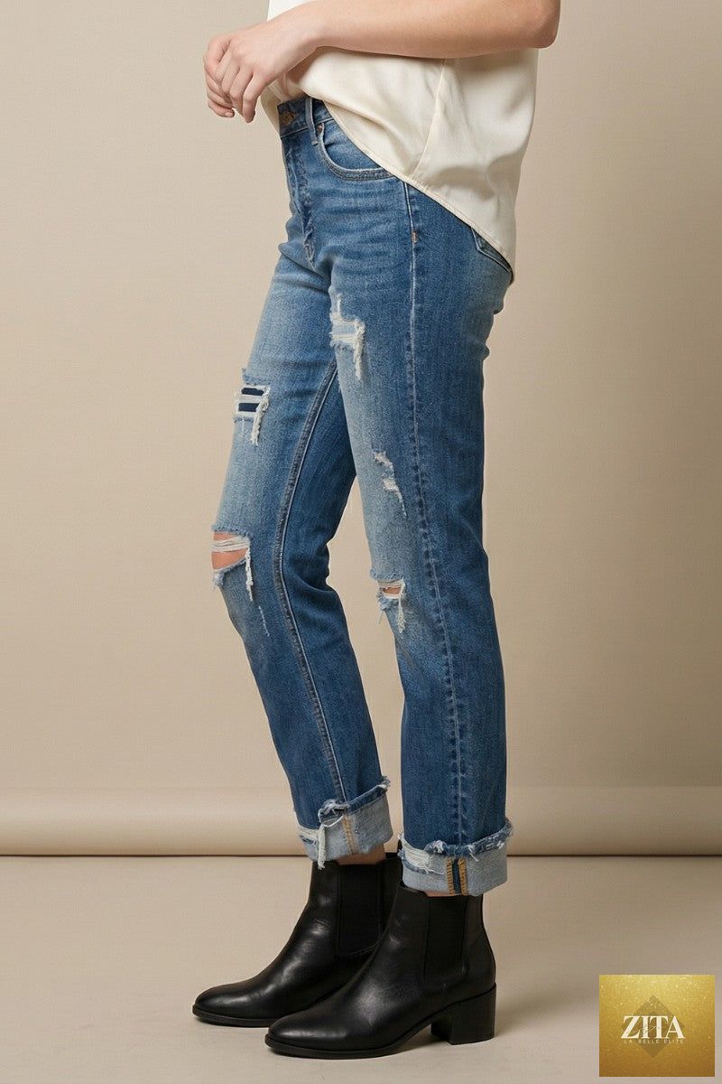 Artemis Vintage mesh tummy control high-rise straight jeans with single cuff, denim fabric, and classic fit.