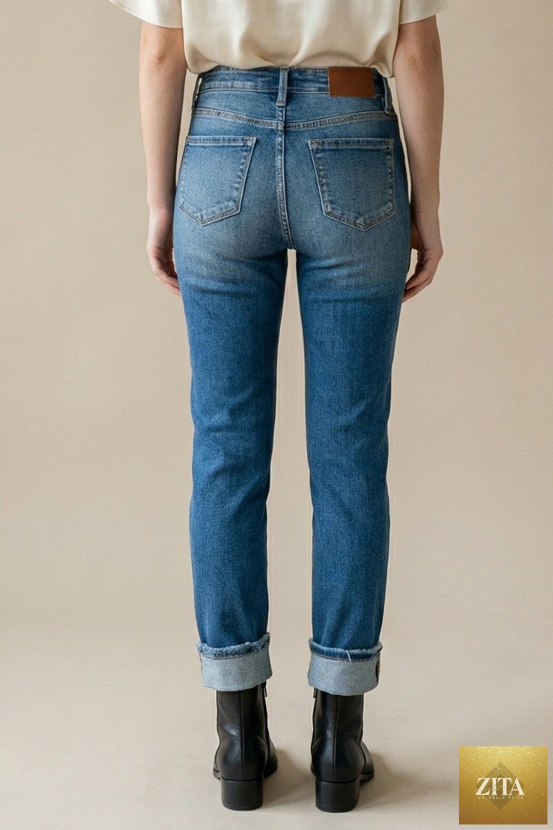 Artemis Vintage mesh tummy control high-rise straight jeans with single cuff, dark wash denim, and classic five-pocket design.