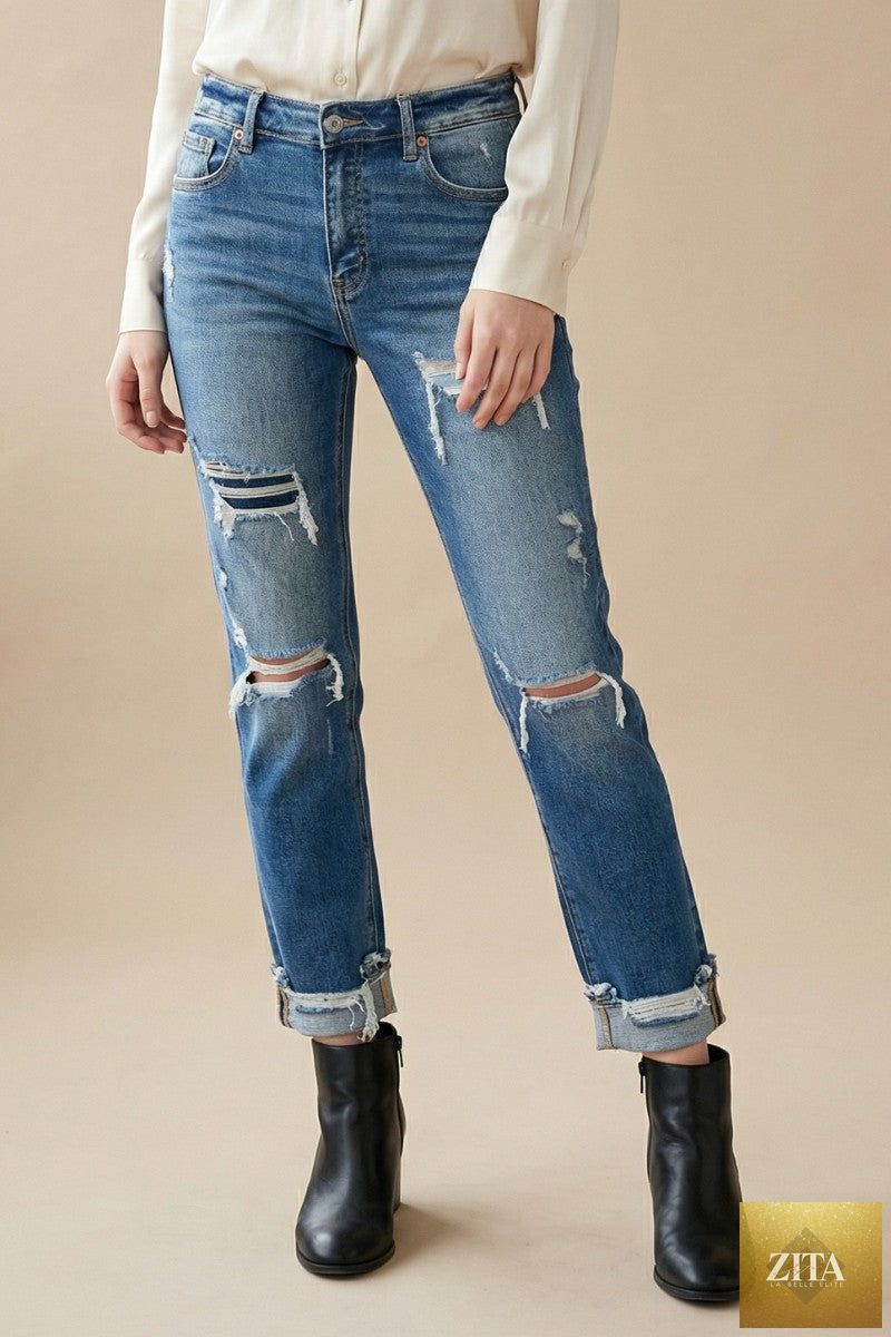 Artemis Vintage mesh tummy control high-rise straight jeans with single cuff, showcasing the fit and fabric details.