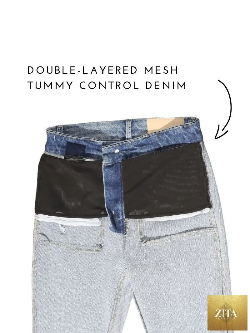 Artemis Vintage mesh tummy control high-rise straight jeans with single cuff, featuring a dark wash and classic denim details.