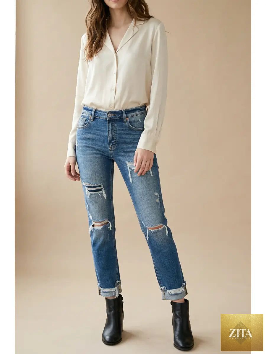 Artemis Vintage mesh tummy control high-rise straight jeans with single cuff, showing fit and denim texture.